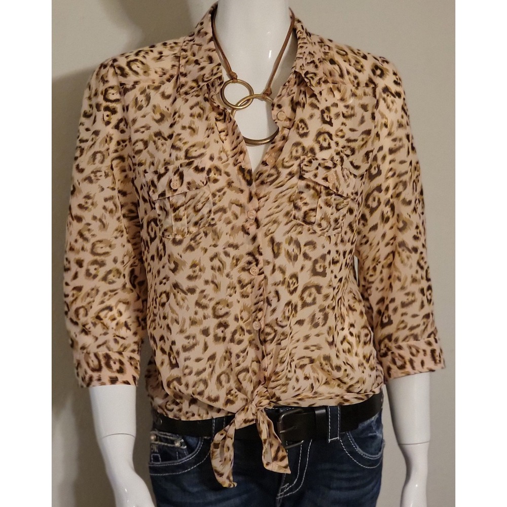 Leopard print‎ blouse,  Button-down tie front blouse Blush pink